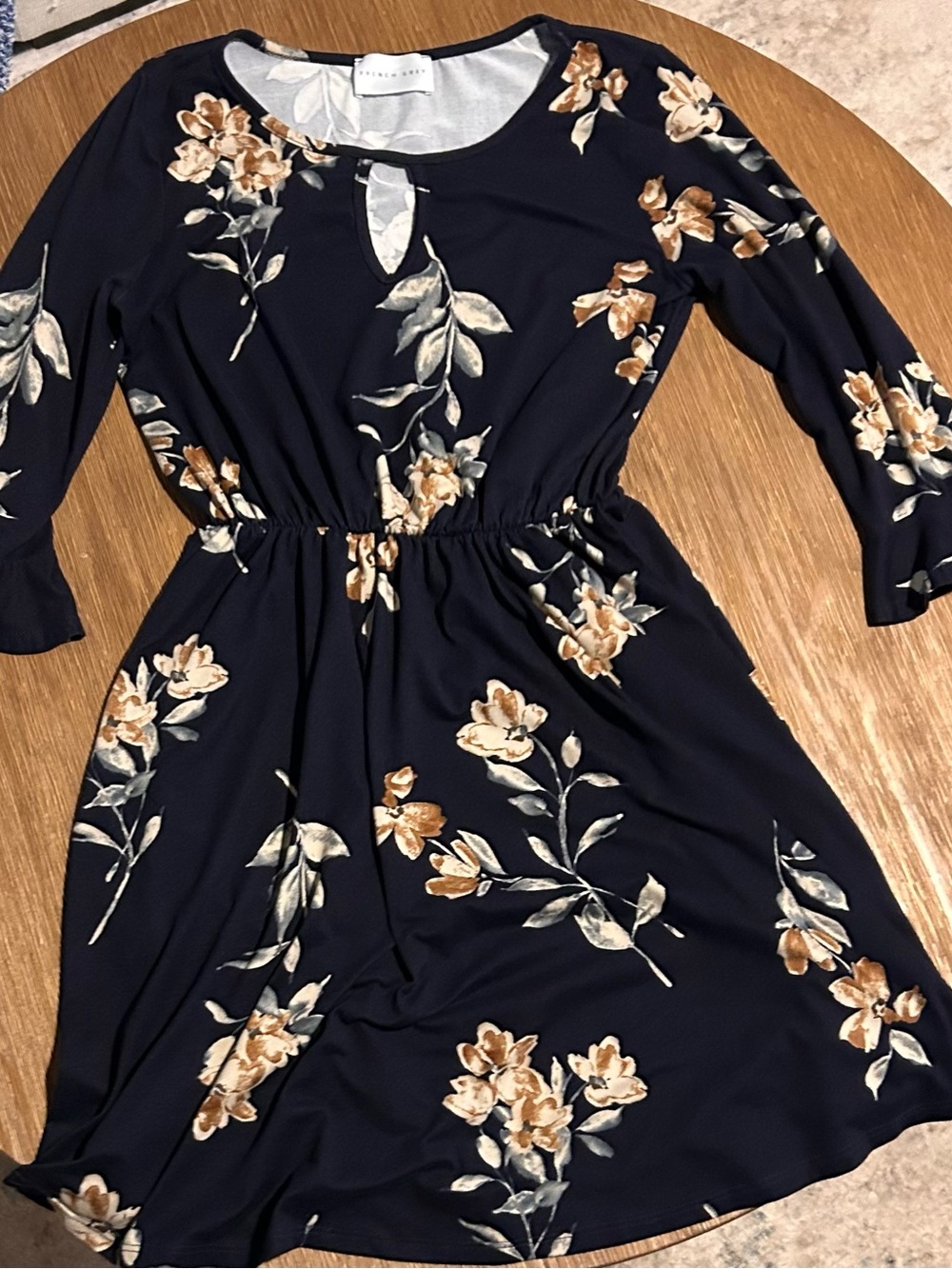 French Grey Navy Floral Keyhole Elastic-Waist Quarter Sleeve Dress
